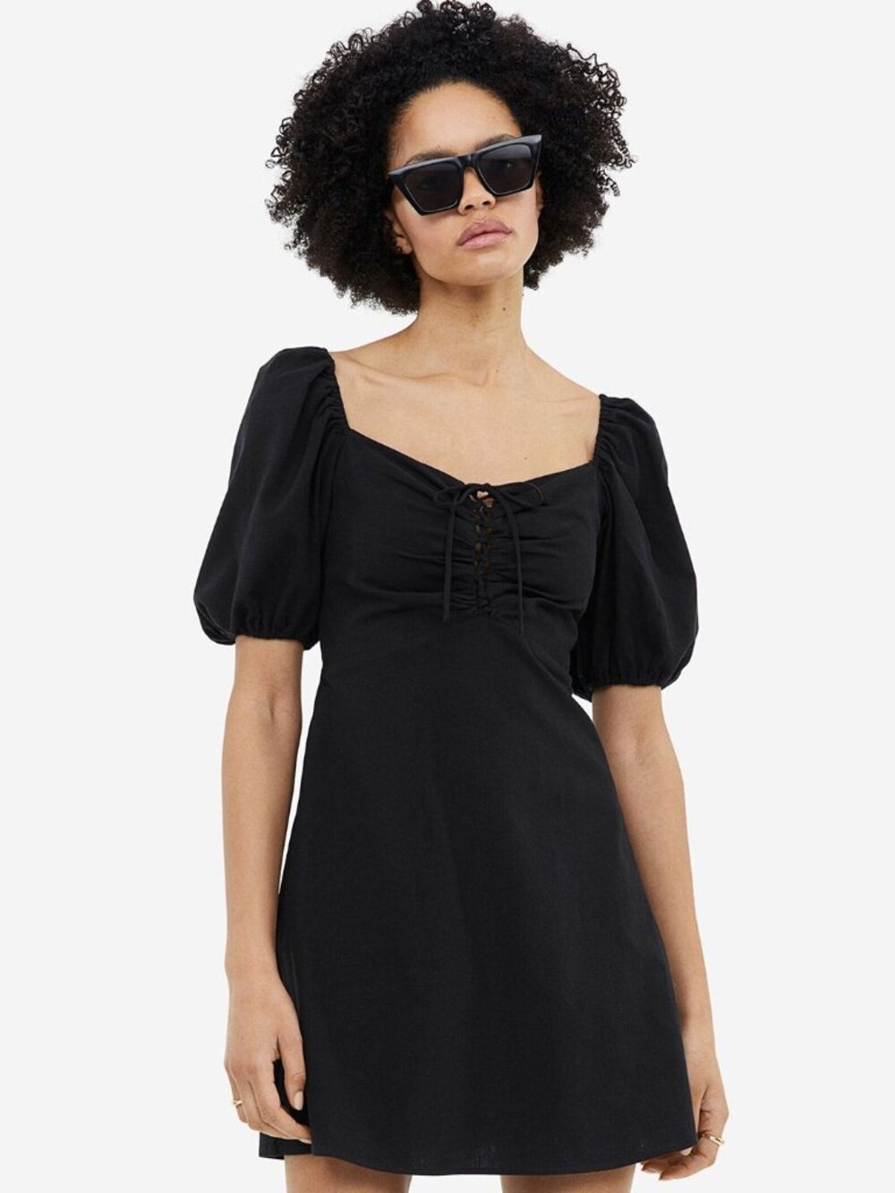 NWT H&M Linen Blend Black Puff Sleeve Lace-Up Mini Dress Medium Goth Fairy Boho